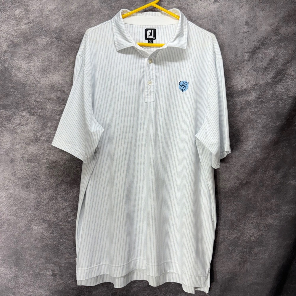 FootJoy Golf Polo Shirt Mens 2XL White Blue Zigzag Striped Performance C Logo